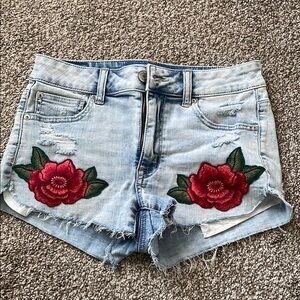 Embroidered Denim Shorts with Red Floral Design